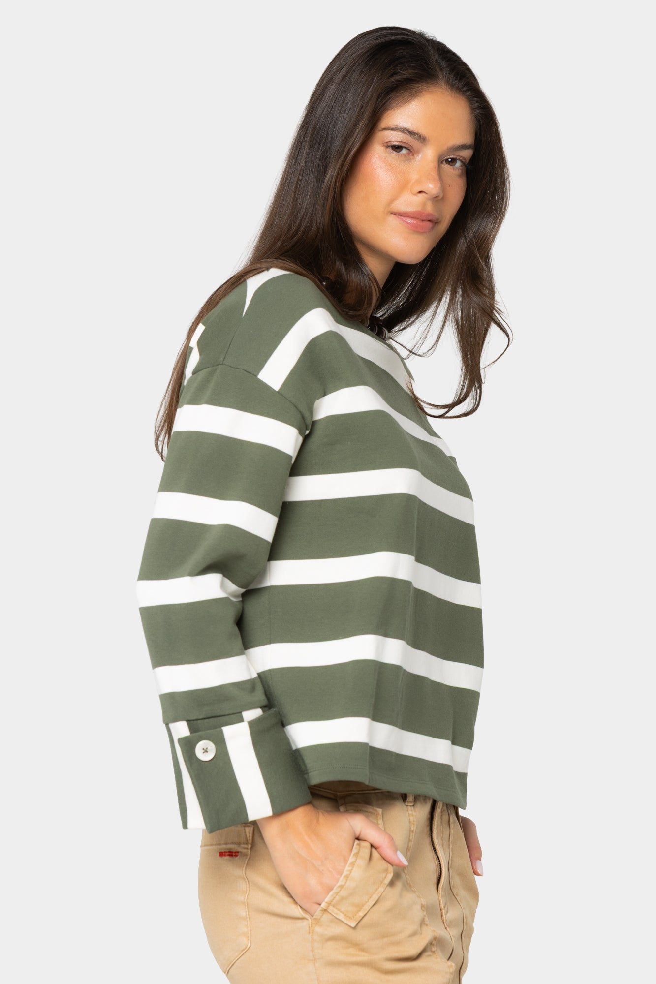 Striped Crew Neck Pullover w/ Cuff Detail