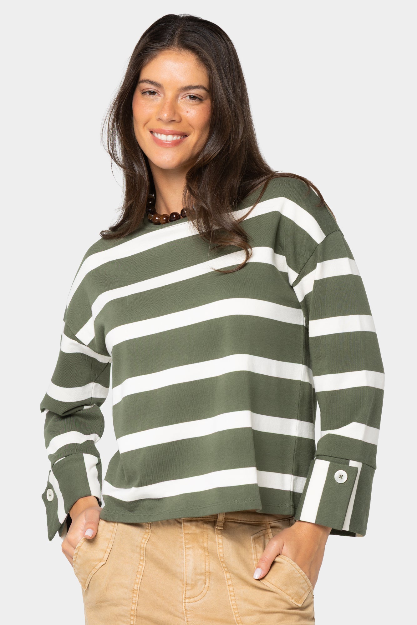 Striped Crew Neck Pullover w/ Cuff Detail