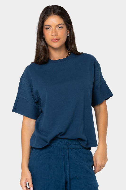 Mixed Media Crew Neck Short Sleeve Top