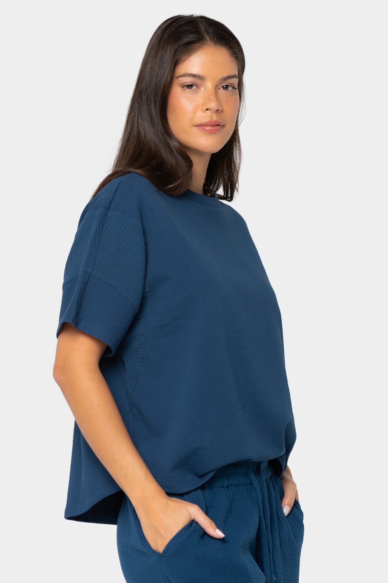 Mixed Media Crew Neck Short Sleeve Top