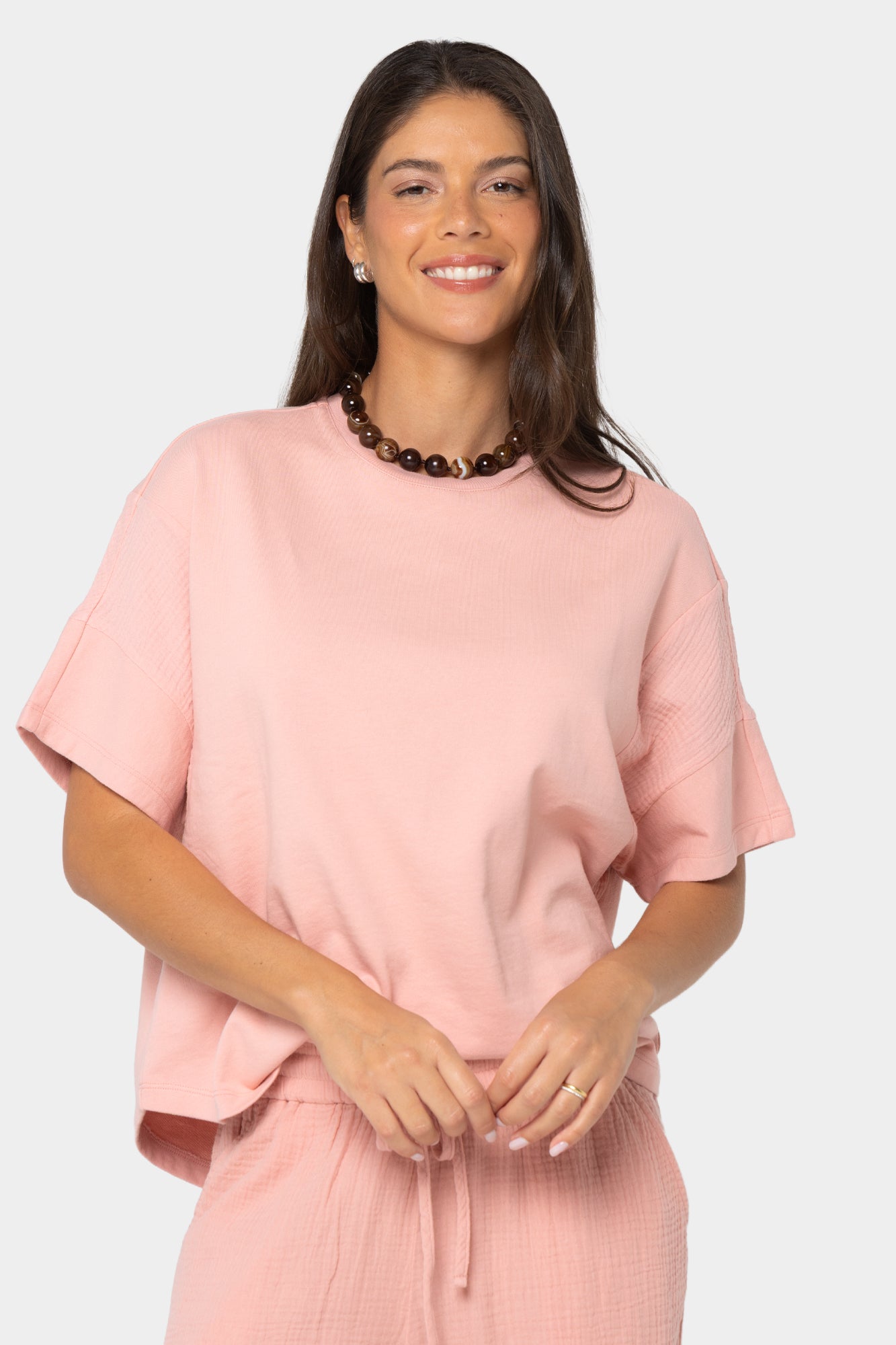 Mixed Media Crew Neck Short Sleeve Top