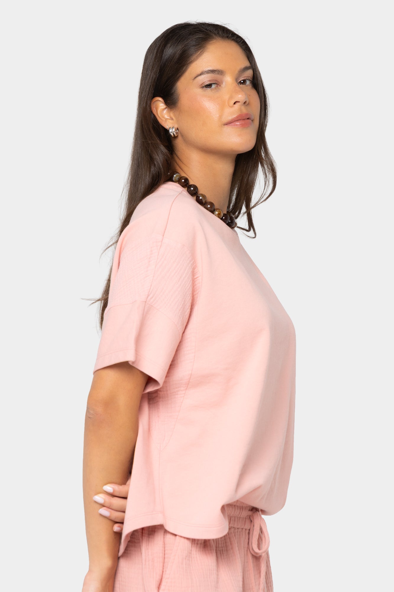 Mixed Media Crew Neck Short Sleeve Top