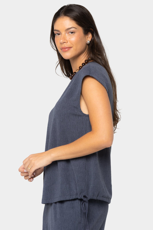 Textured Knit V-Neck Dolman with Drawstring Waistband
