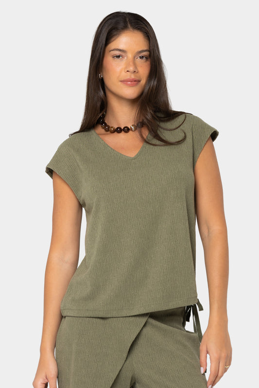 Textured Knit V-Neck Dolman with Drawstring Waistband