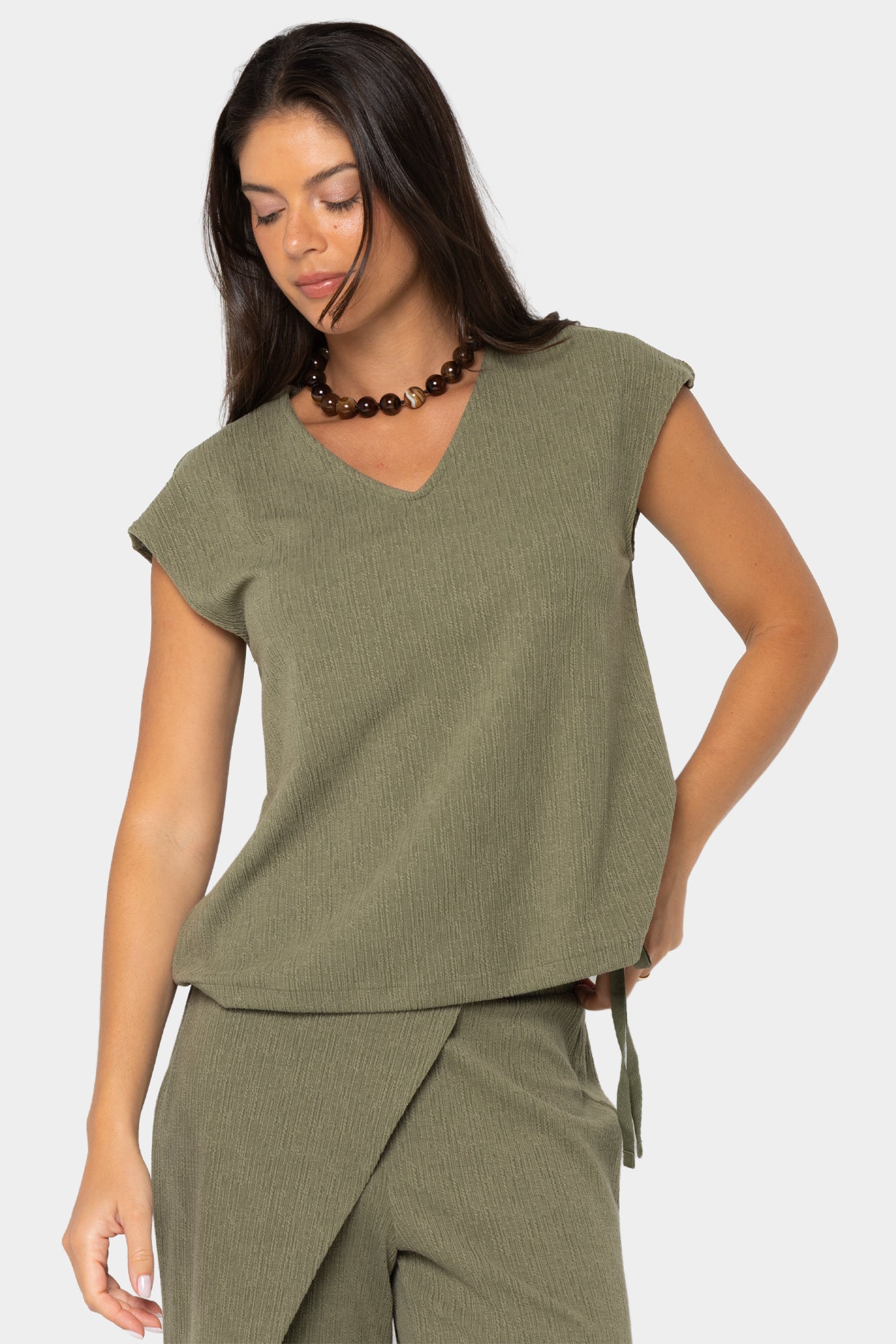 Textured Knit V-Neck Dolman with Drawstring Waistband
