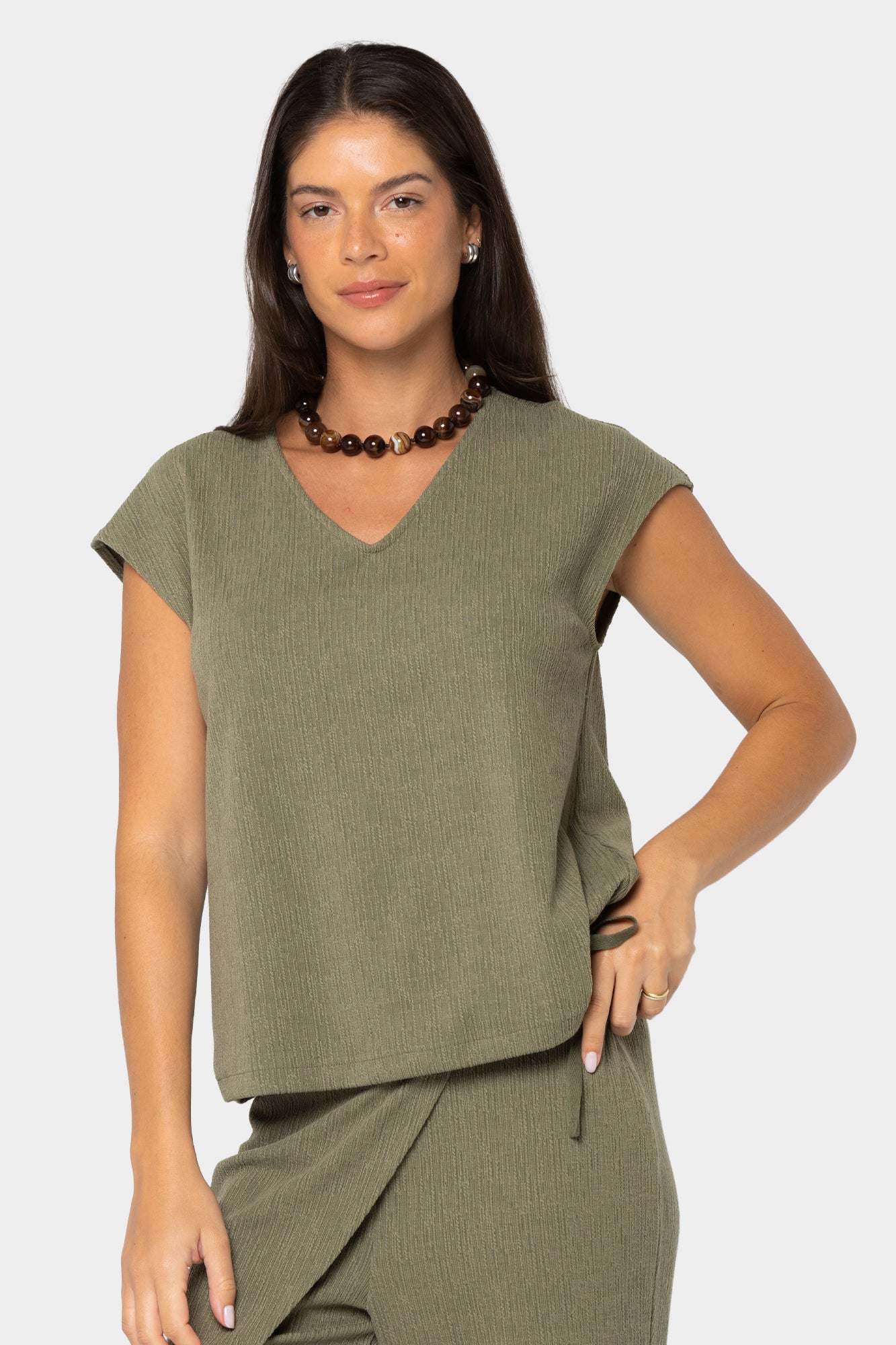 Textured Knit V-Neck Dolman with Drawstring Waistband