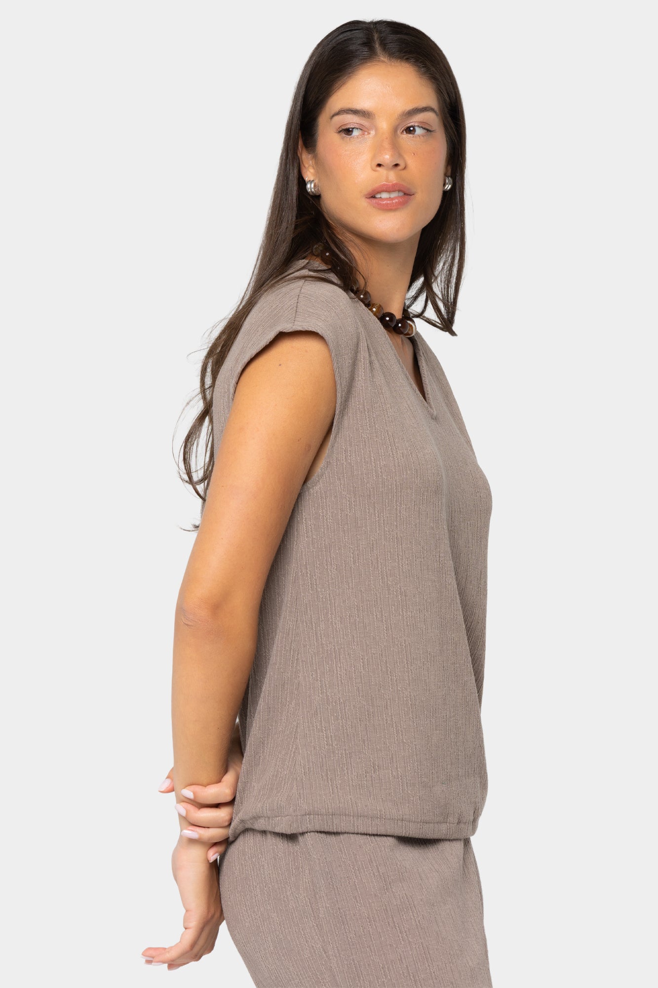 Textured Knit V-Neck Dolman with Drawstring Waistband