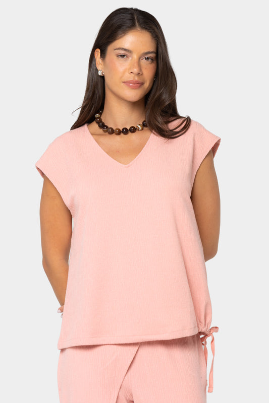 Textured Knit V-Neck Dolman with Drawstring Waistband
