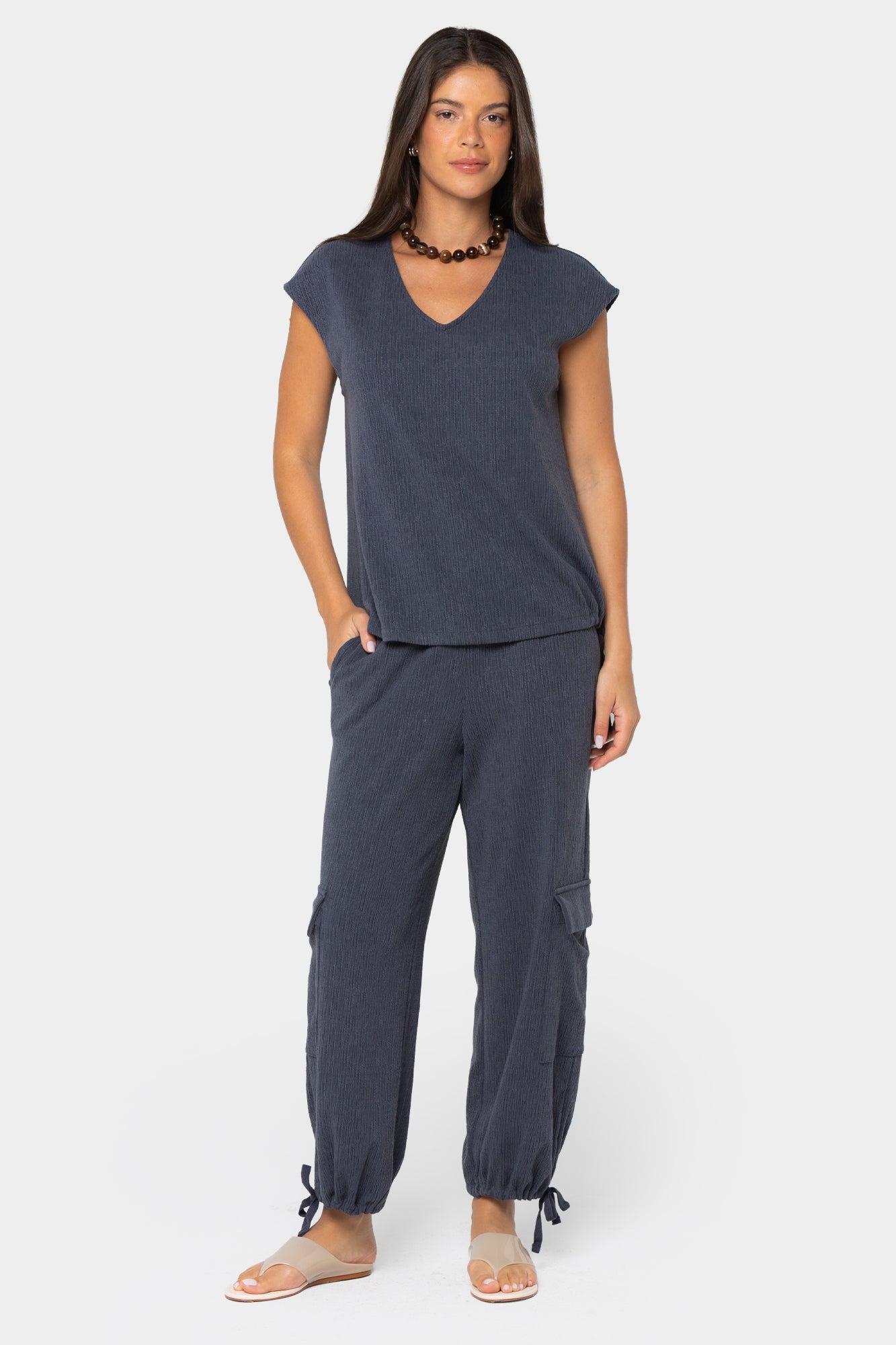 Ankle Length Pull On Texture Knit Cargo Joggers