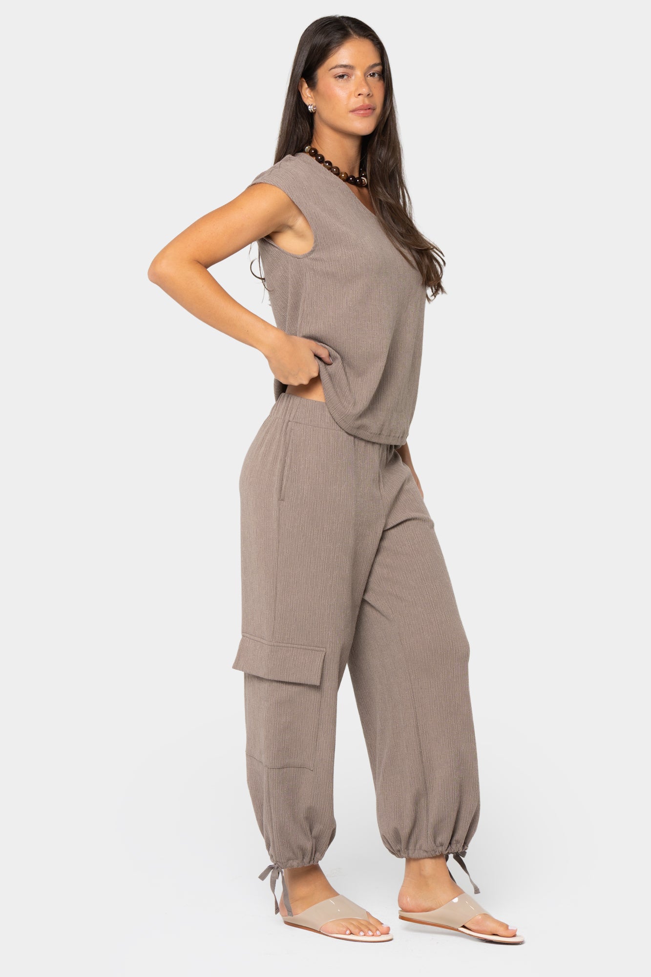 Ankle Length Pull On Texture Knit Cargo Joggers
