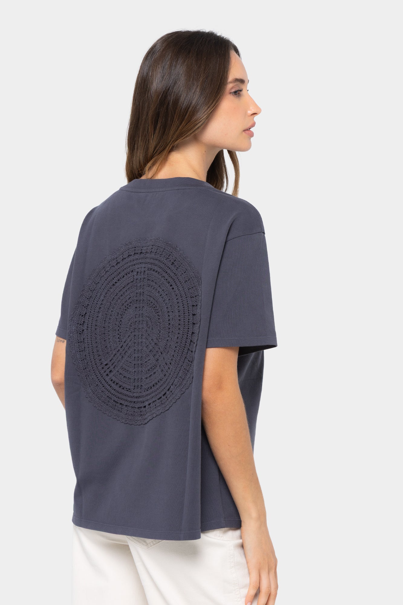 Cotton Wide Crew with Embroidered Motif Tee