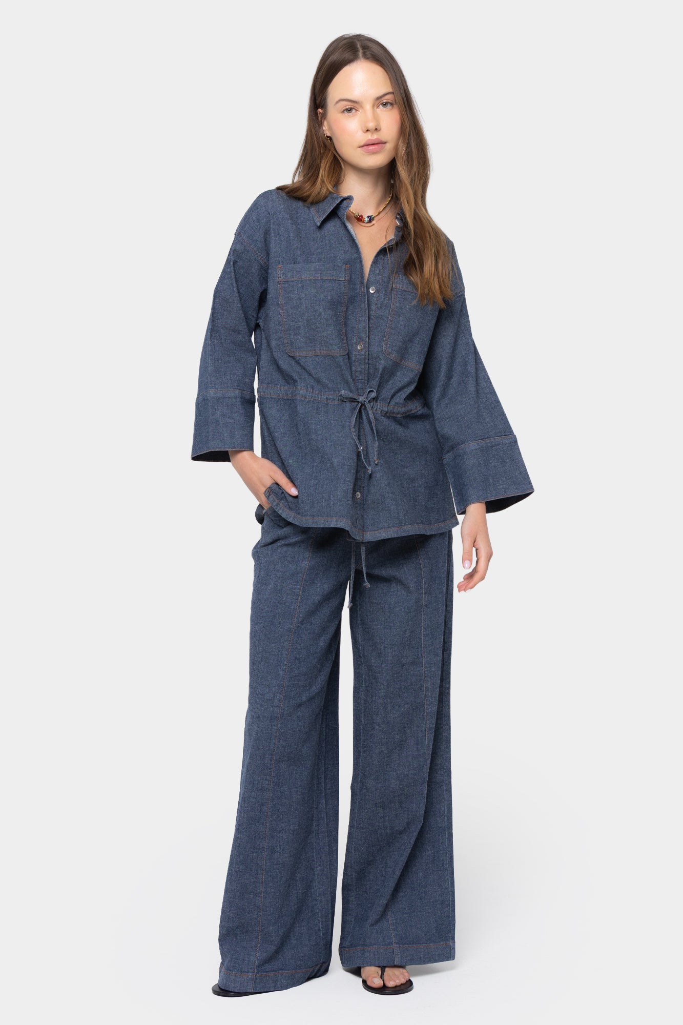 Cinched Tie Waist Button Up Elbow Sleeve Top