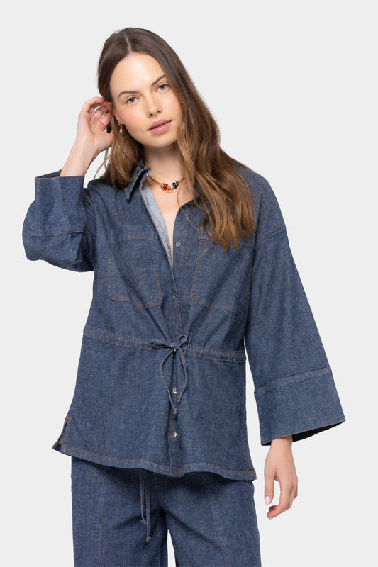 Cinched Tie Waist Button Up Elbow Sleeve Top