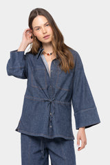 Cinched Tie Waist Button Up Elbow Sleeve Top