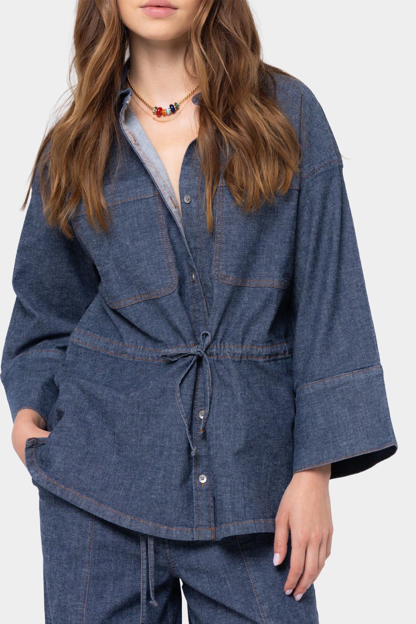 Cinched Tie Waist Button Up Elbow Sleeve Top