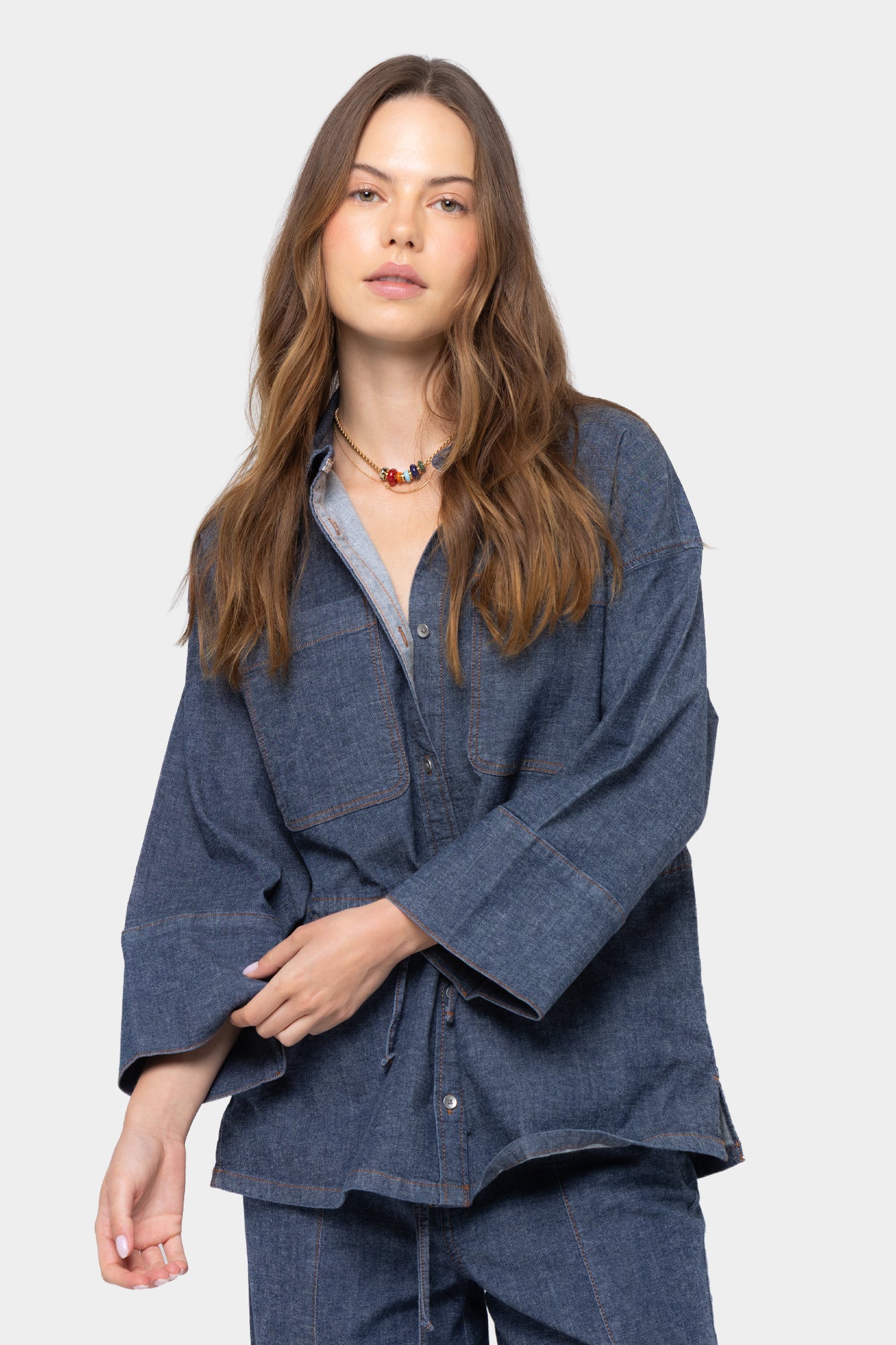 Cinched Tie Waist Button Up Elbow Sleeve Top