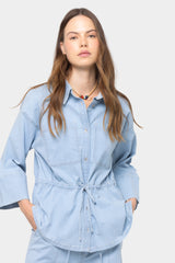 Cinched Tie Waist Button Up Elbow Sleeve Top