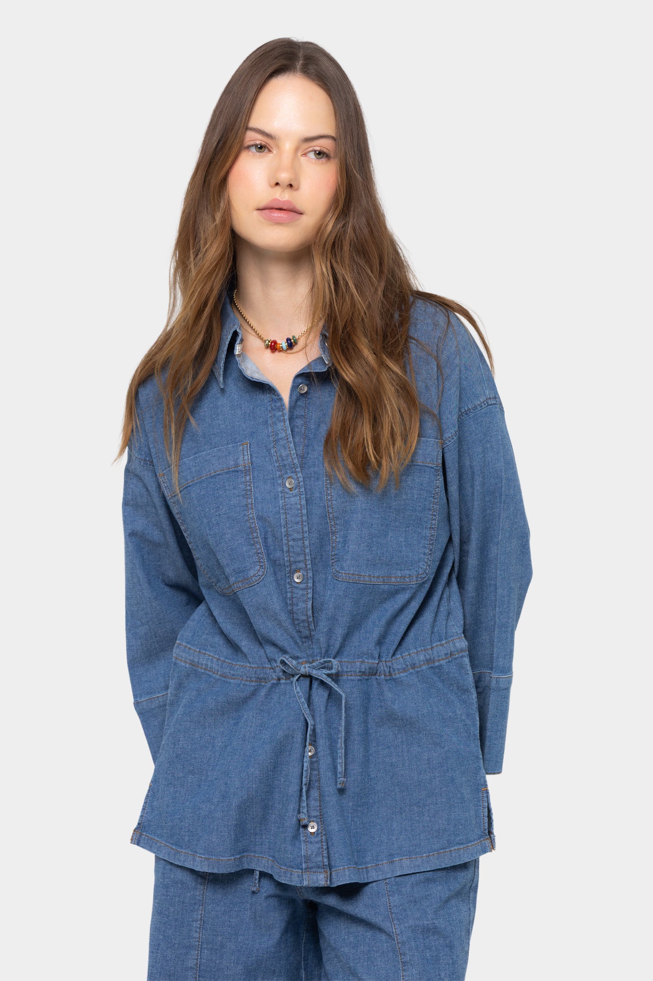 Cinched Tie Waist Button Up Elbow Sleeve Top