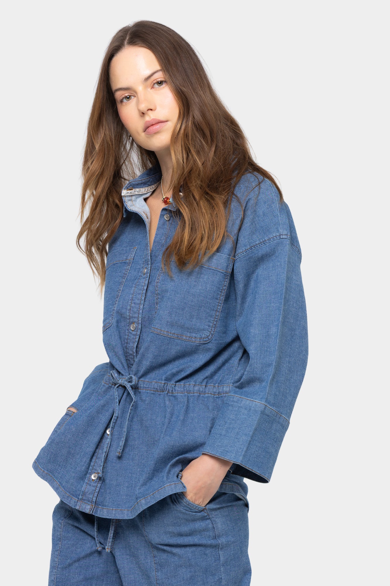 Cinched Tie Waist Button Up Elbow Sleeve Top