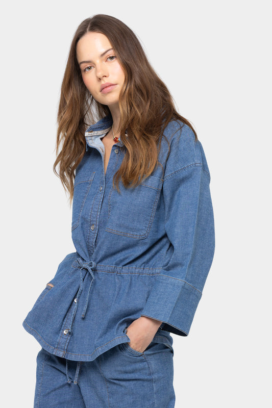 Cinched Tie Waist Button Up Elbow Sleeve Top