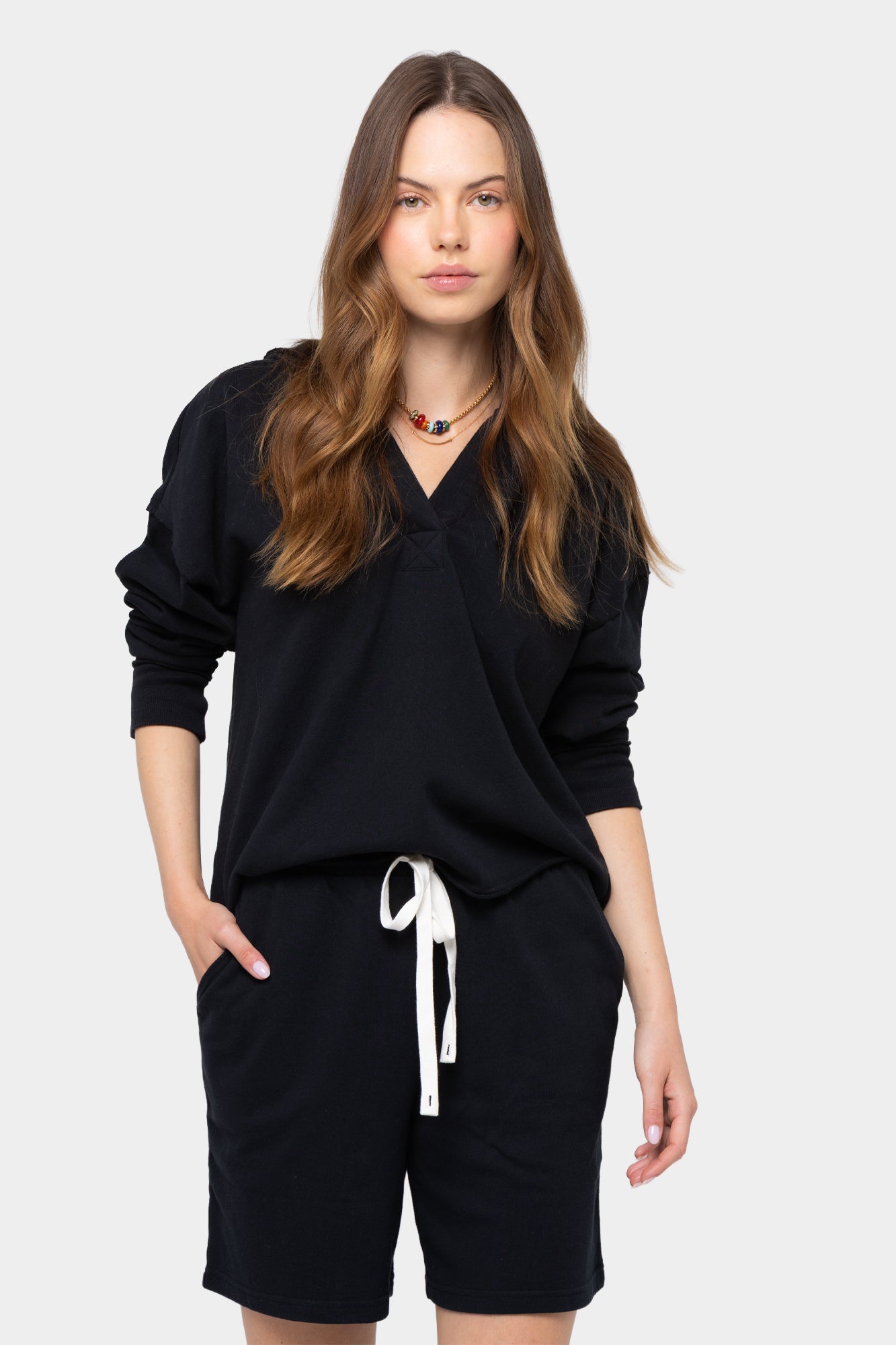 Long Sleeve Terry Hoodie with Split Neck