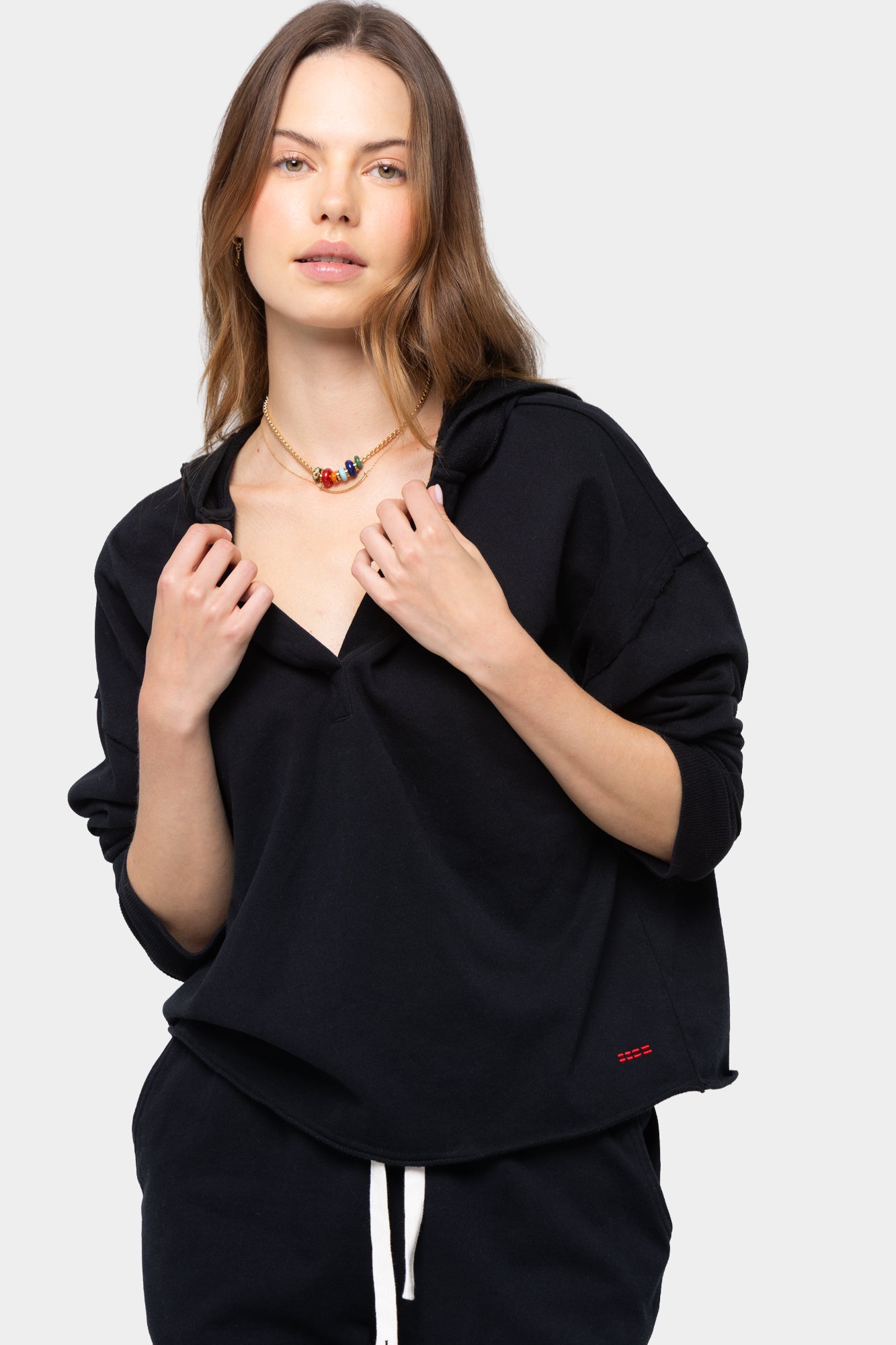 Long Sleeve Terry Hoodie with Split Neck