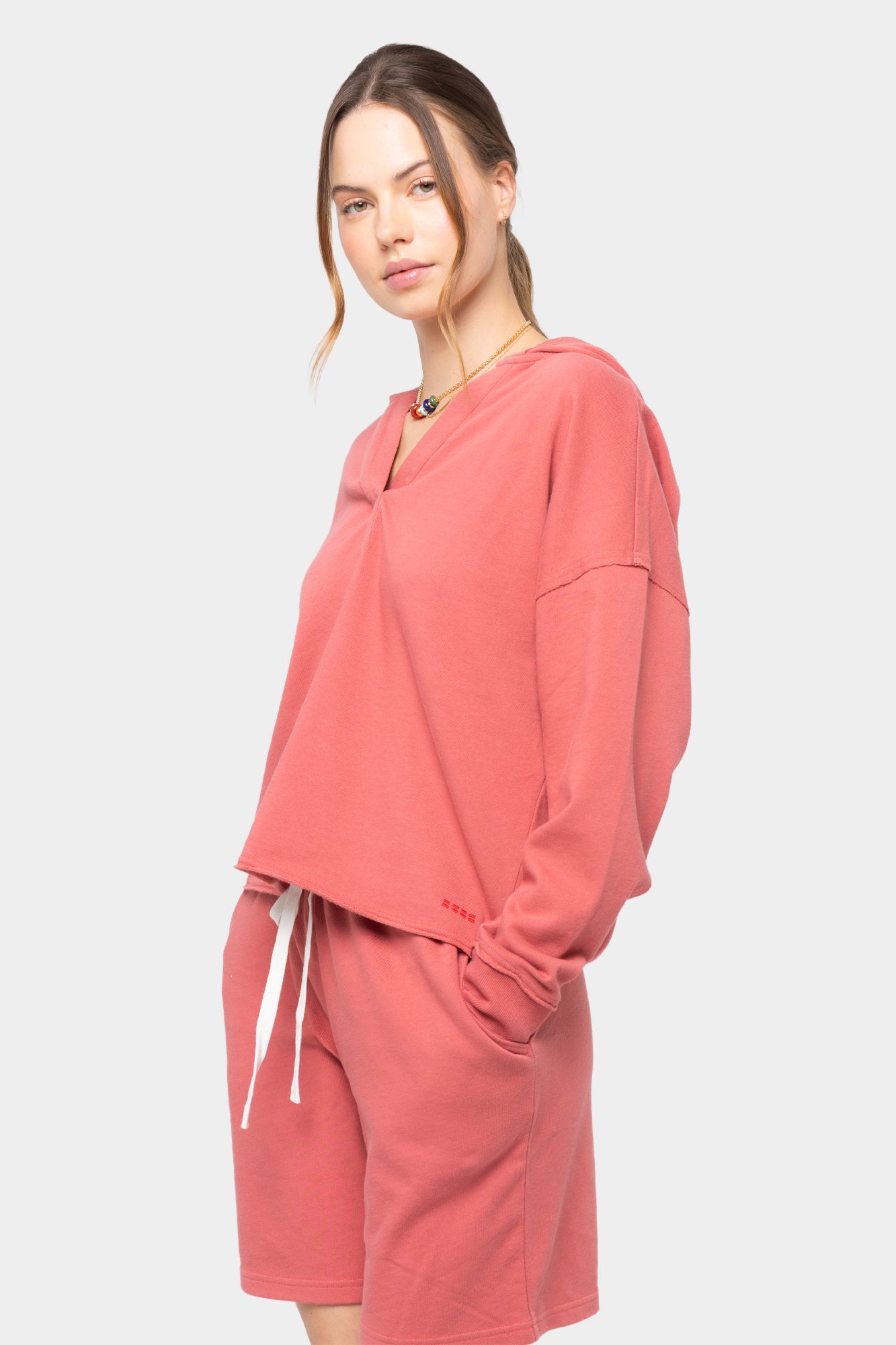Long Sleeve Terry Hoodie with Split Neck