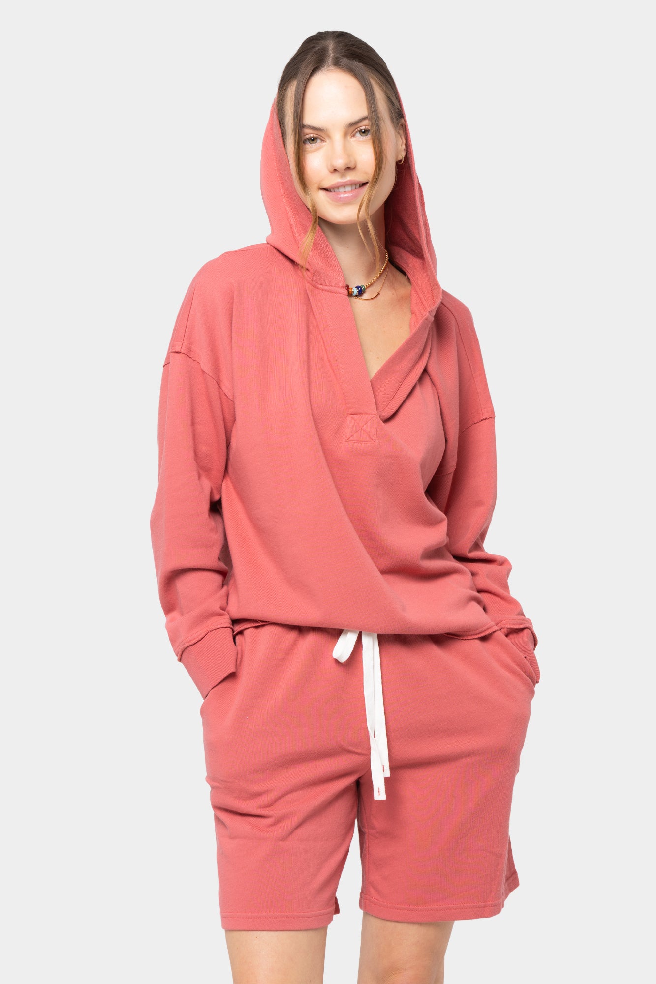 Long Sleeve Terry Hoodie with Split Neck