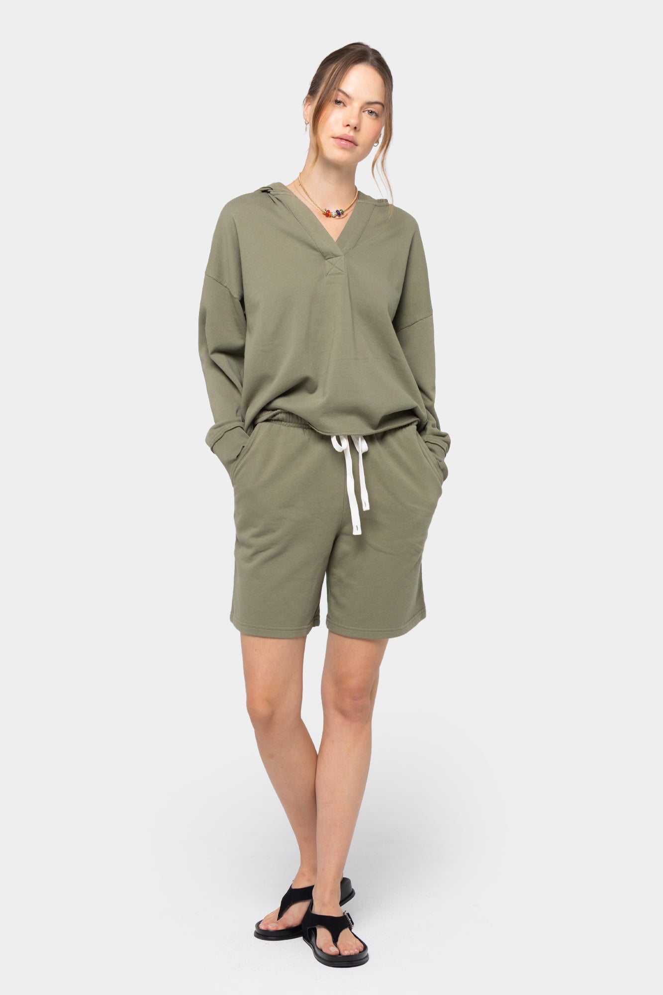 Long Sleeve Terry Hoodie with Split Neck