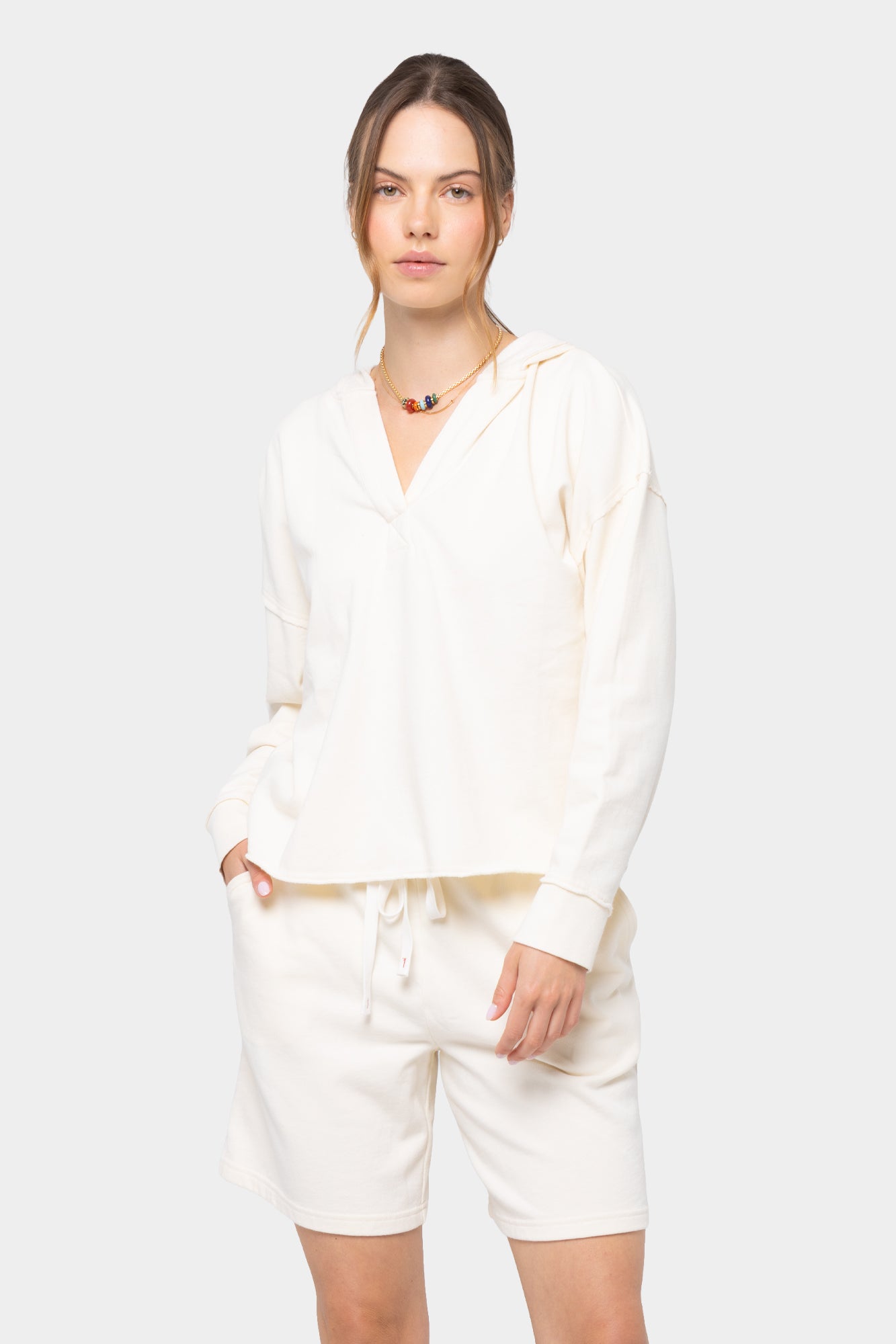 Long Sleeve Terry Hoodie with Split Neck