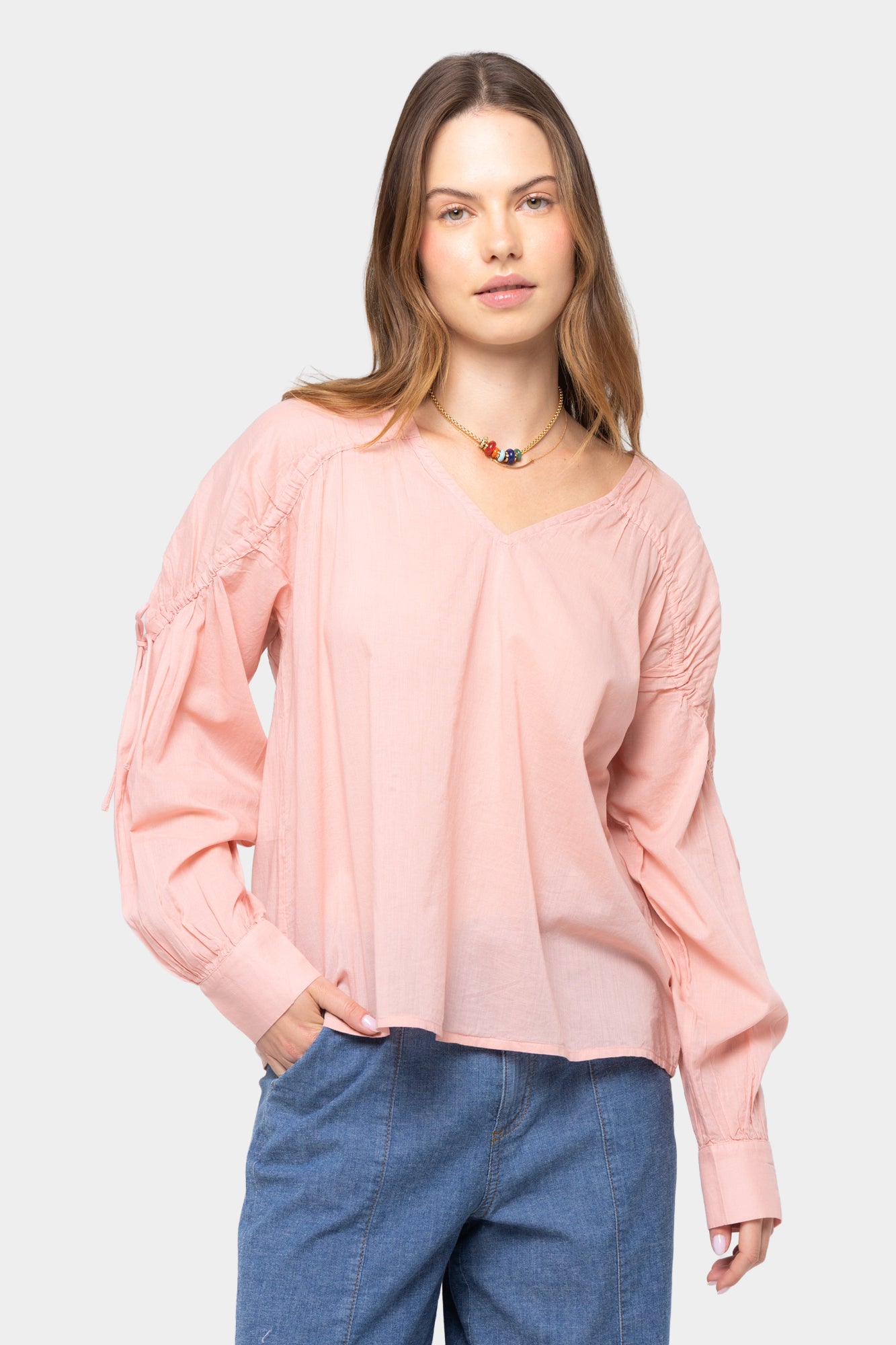 Long Sleeve Ruched Sleeve Neck Button Up
