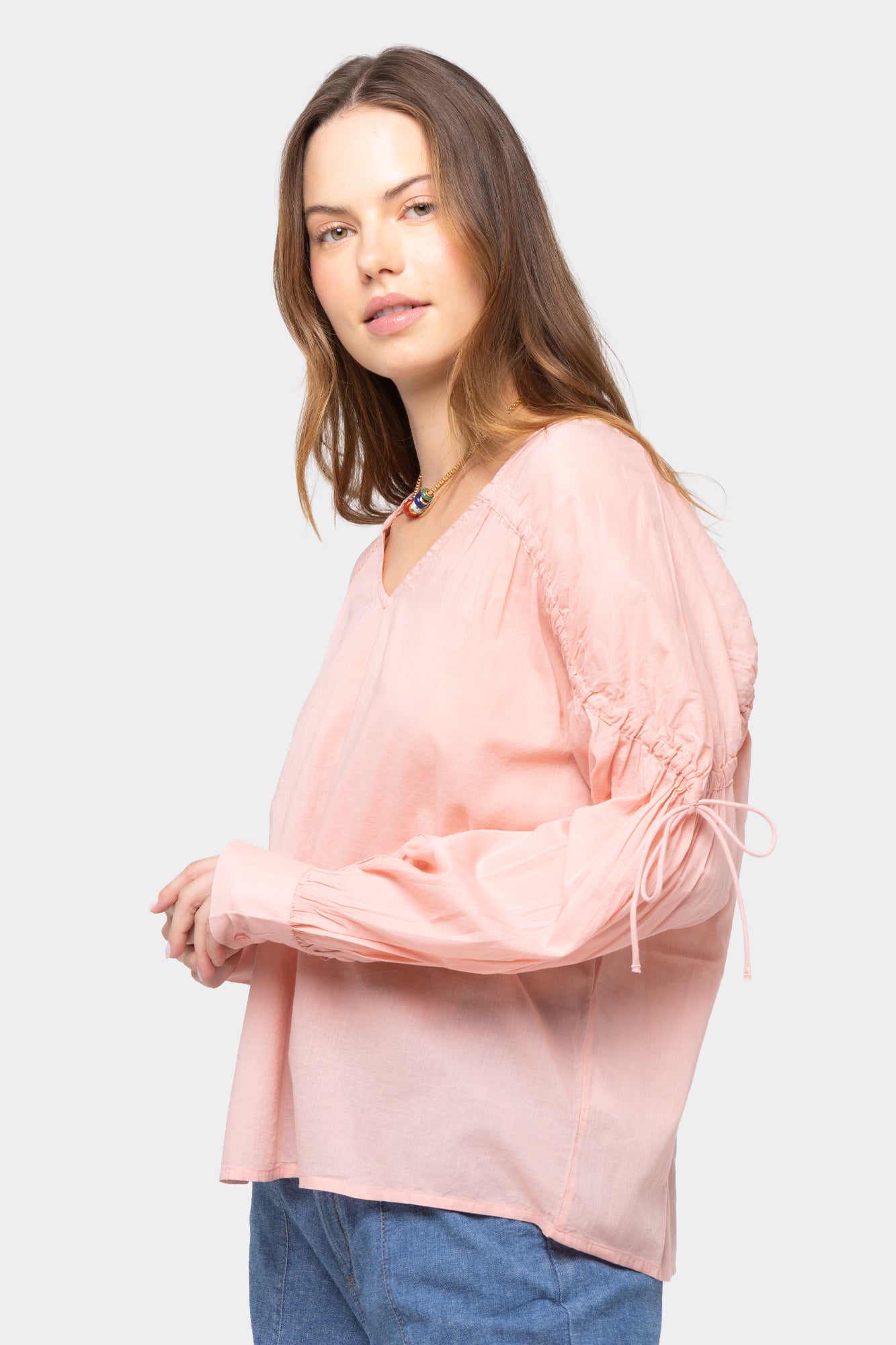 Long Sleeve Ruched Sleeve Neck Button Up