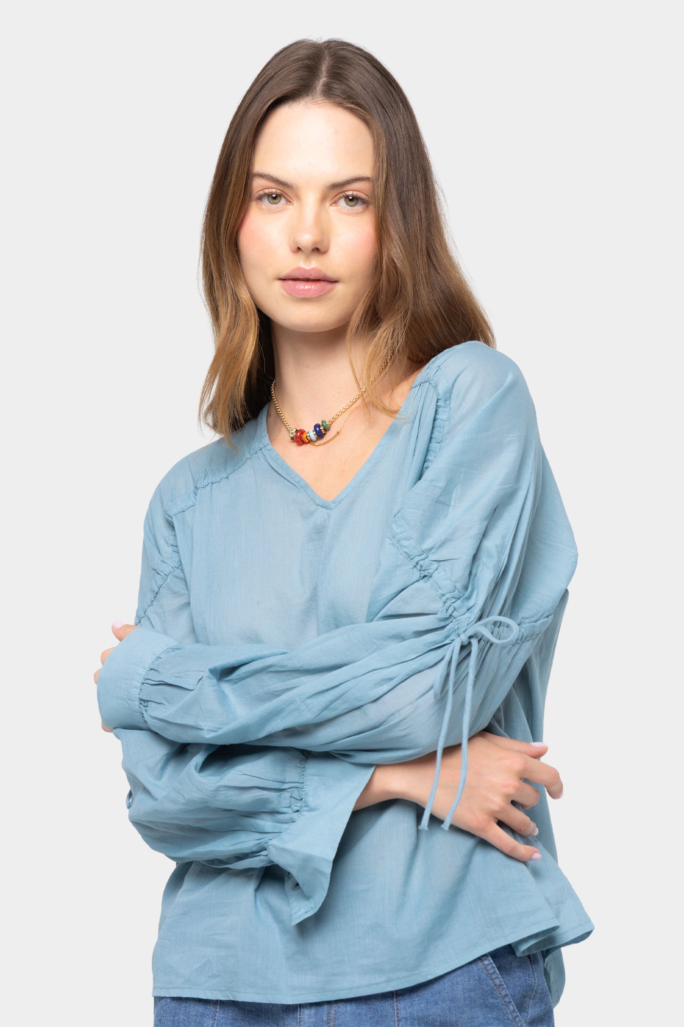 Long Sleeve Ruched Sleeve Neck Button Up