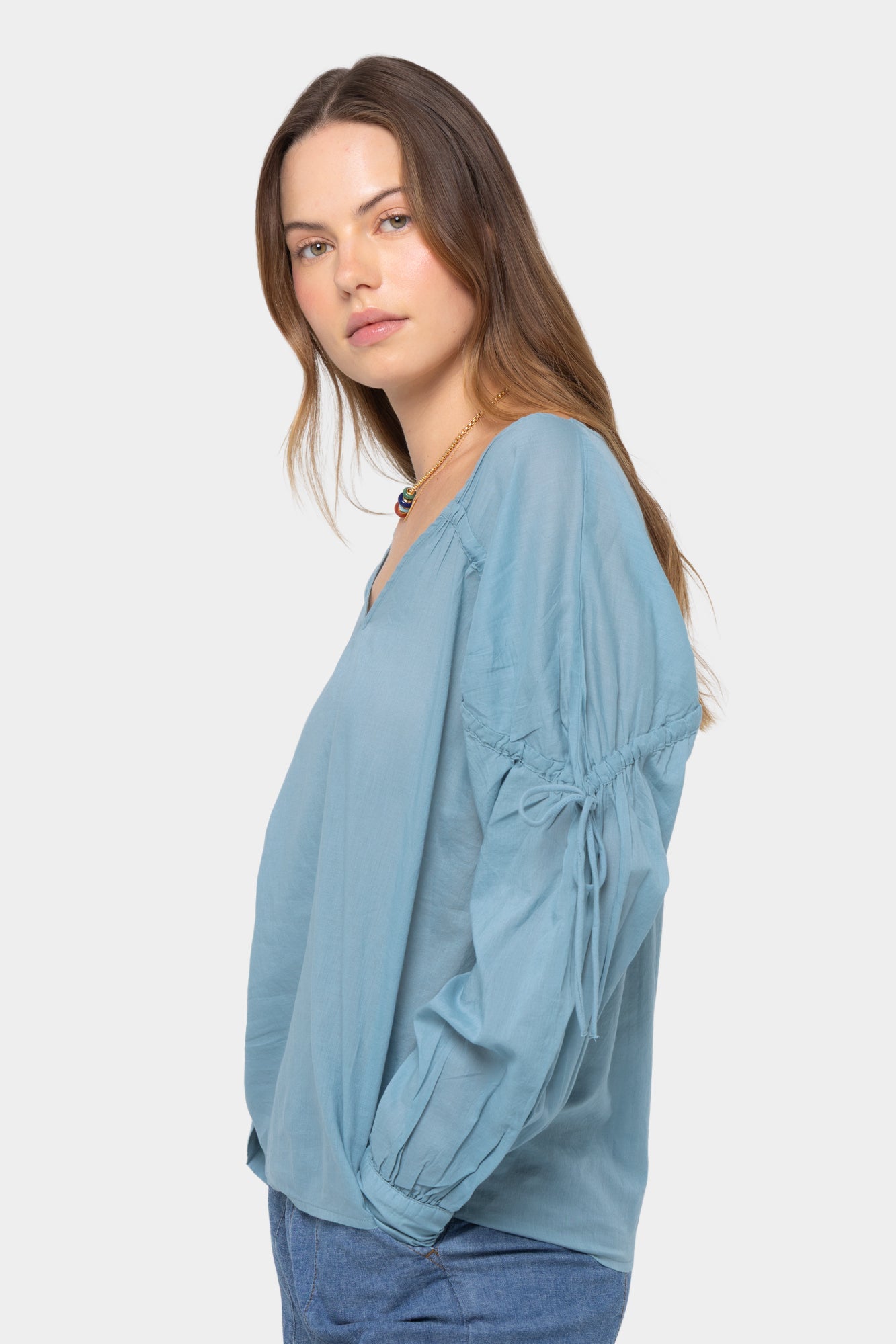 Long Sleeve Ruched Sleeve Neck Button Up