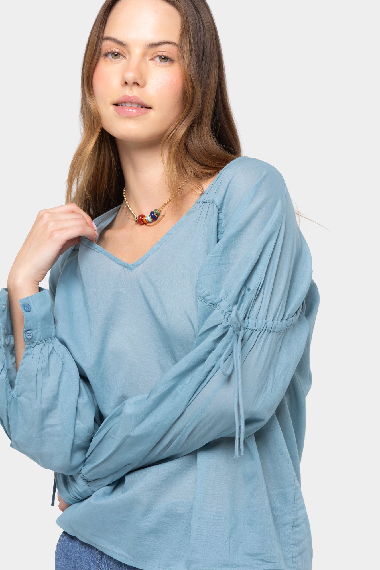 Long Sleeve Ruched Sleeve Neck Button Up