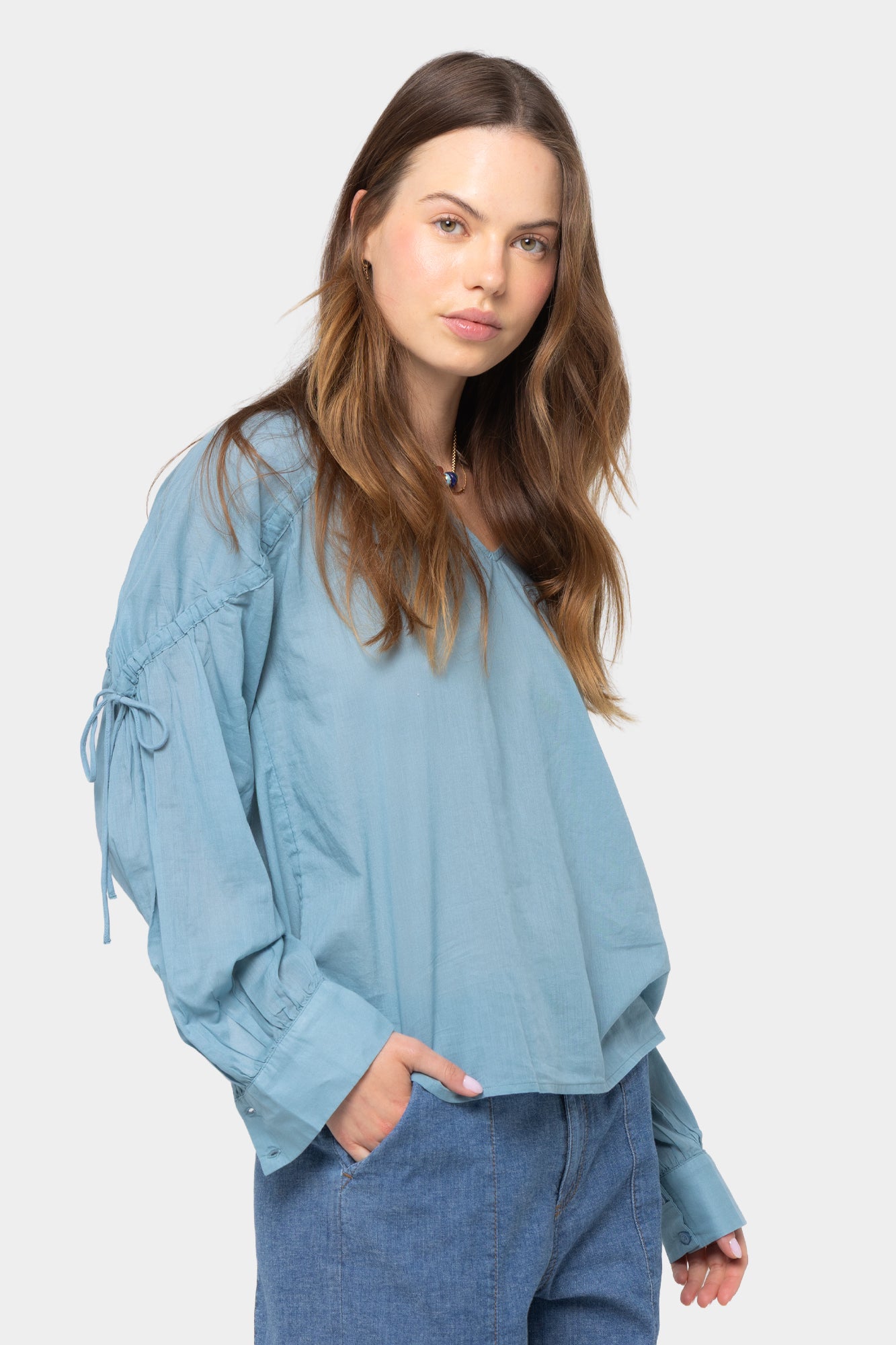 Long Sleeve Ruched Sleeve Neck Button Up