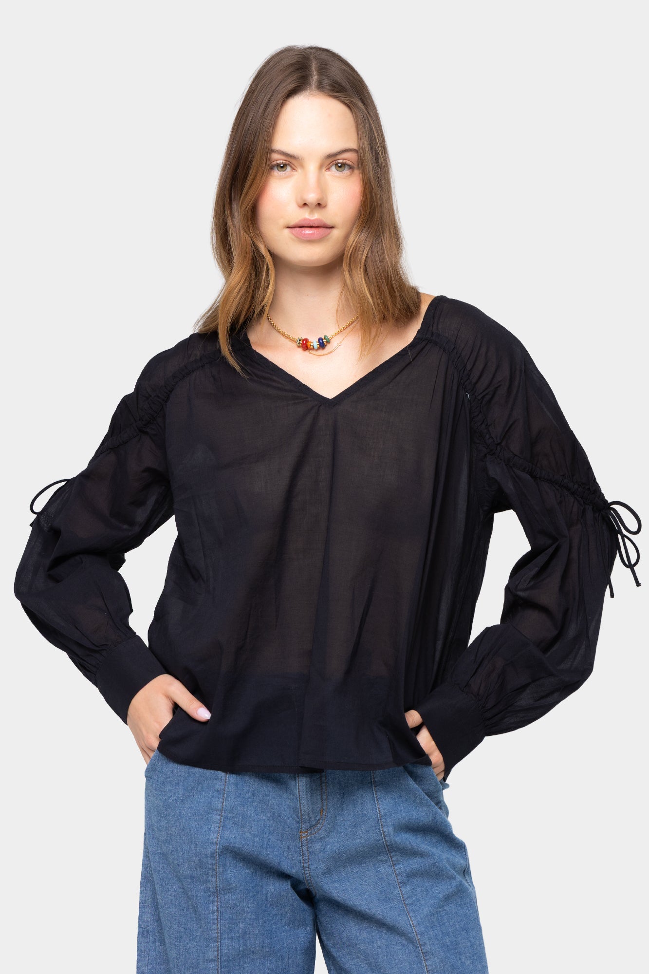 Long Sleeve Ruched Sleeve Neck Button Up