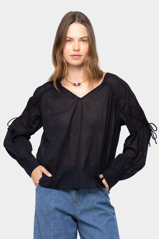 Long Sleeve Ruched Sleeve Neck Button Up