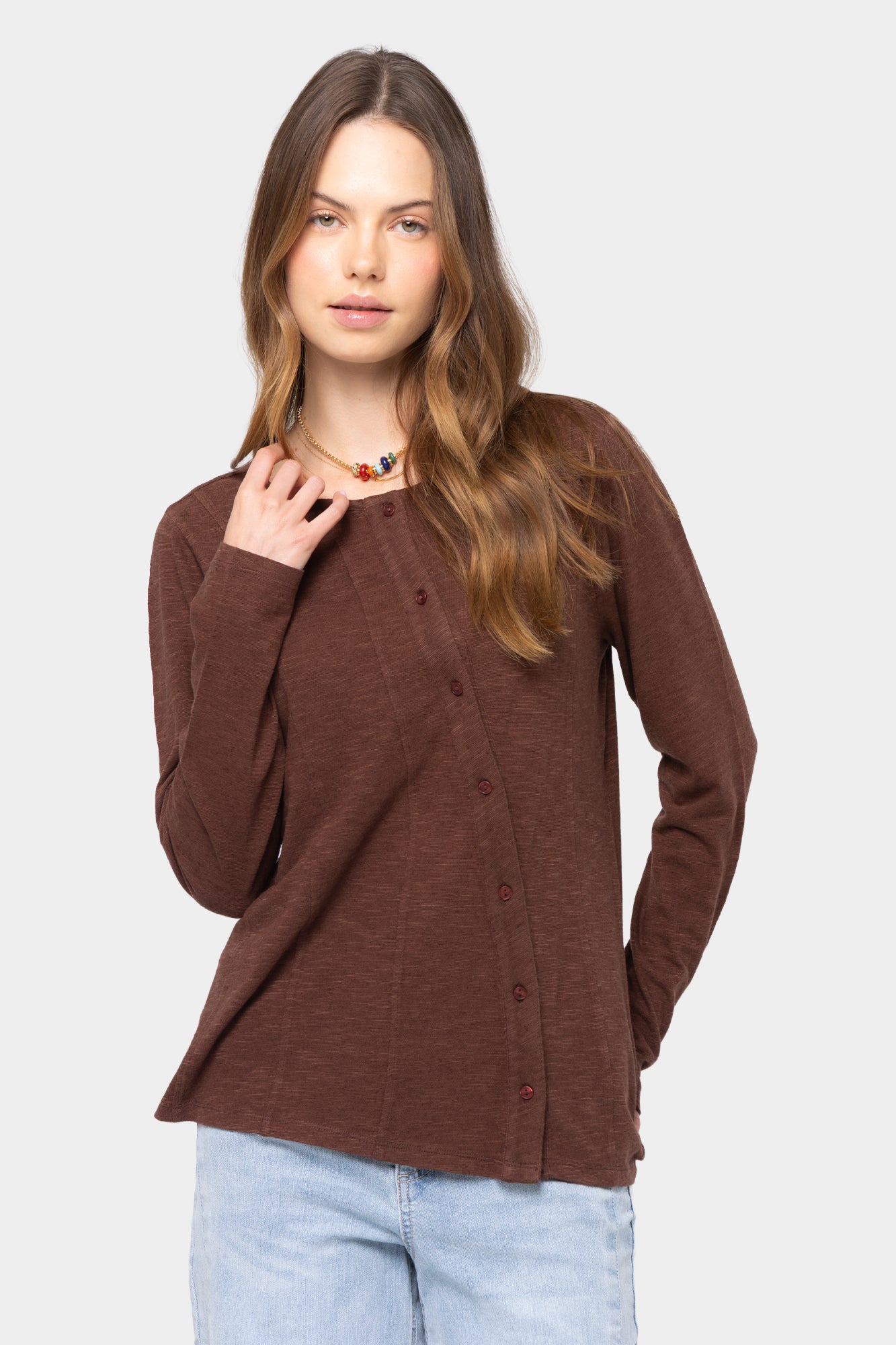 Asymmetric Crew Neck Placket Tee