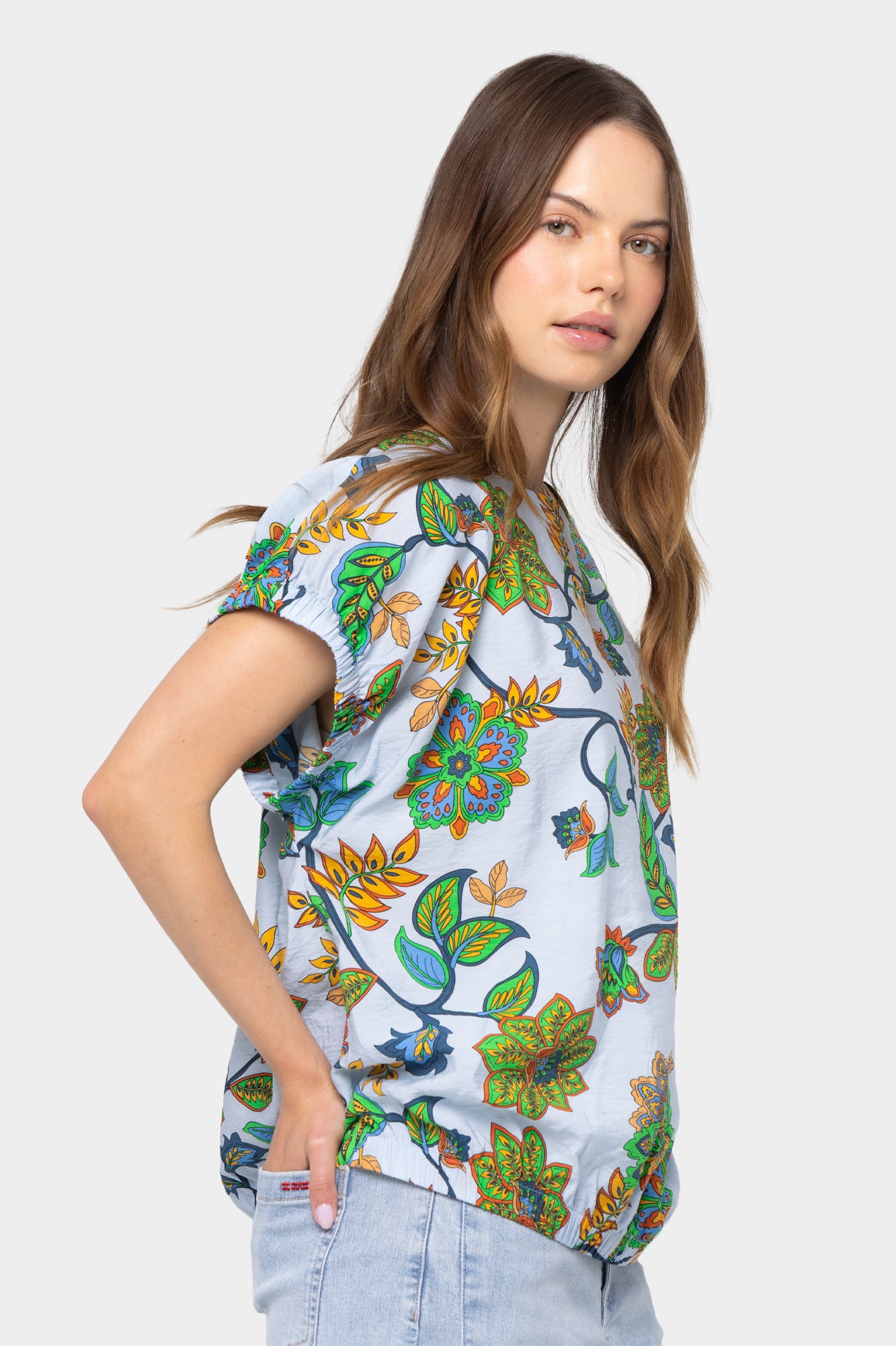 Wide Crew Neck Ruched Dolman Sleeve Top