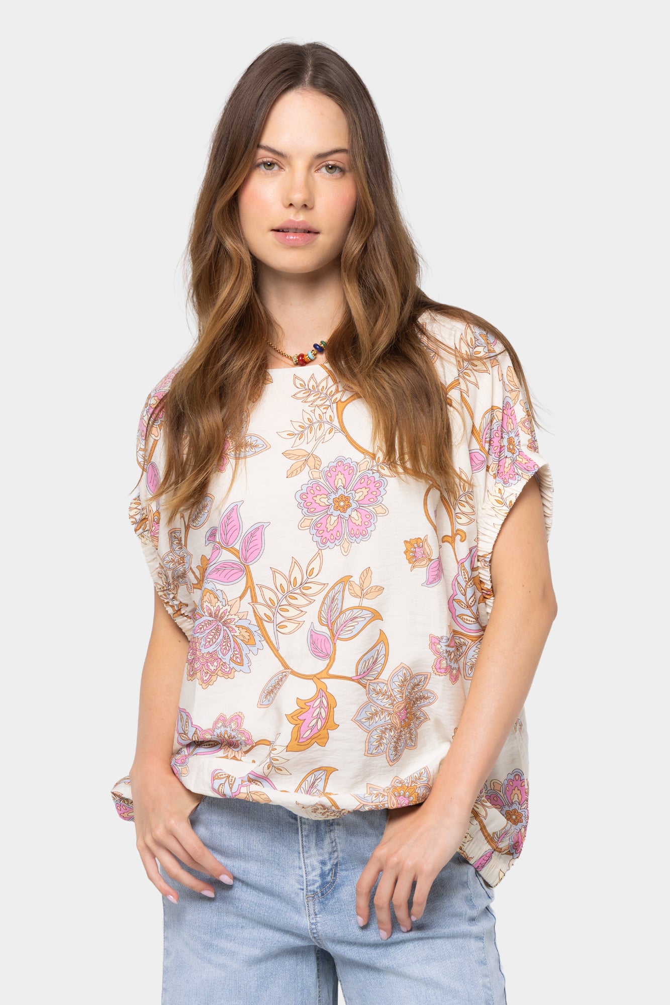 Wide Crew Neck Ruched Dolman Sleeve Top
