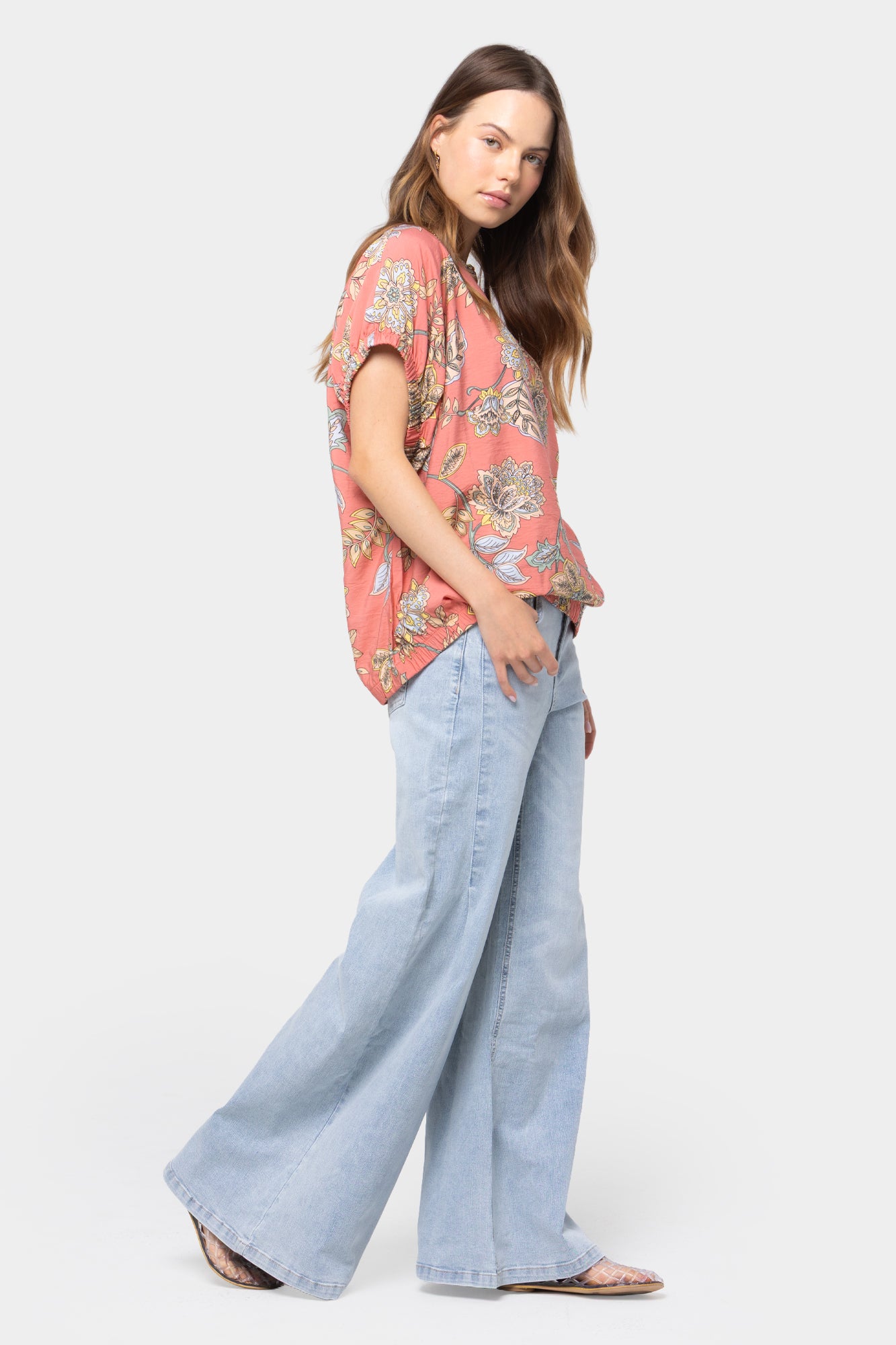 Wide Crew Neck Ruched Dolman Sleeve Top