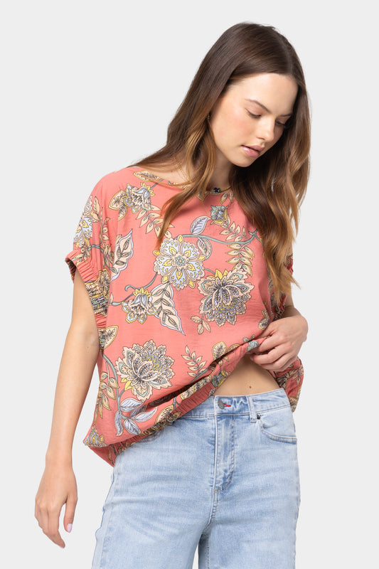 Wide Crew Neck Ruched Dolman Sleeve Top