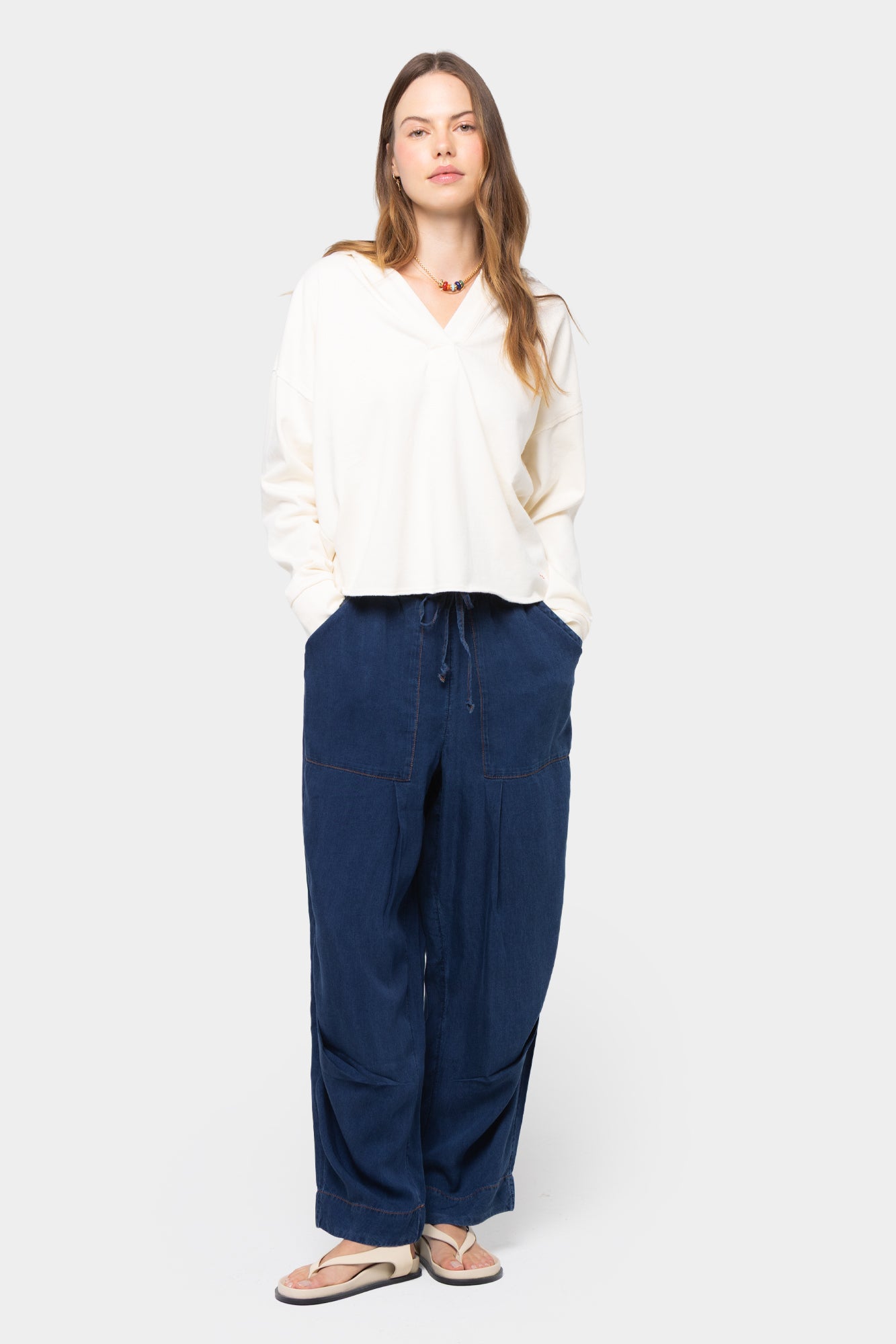 Pull On Ankle Length Pleated Denim Pants