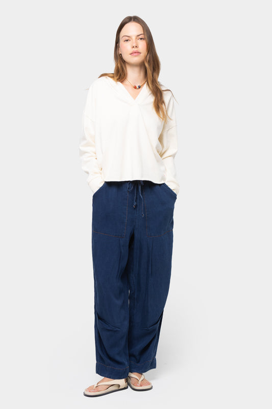 Pull On Ankle Length Pleated Denim Pants
