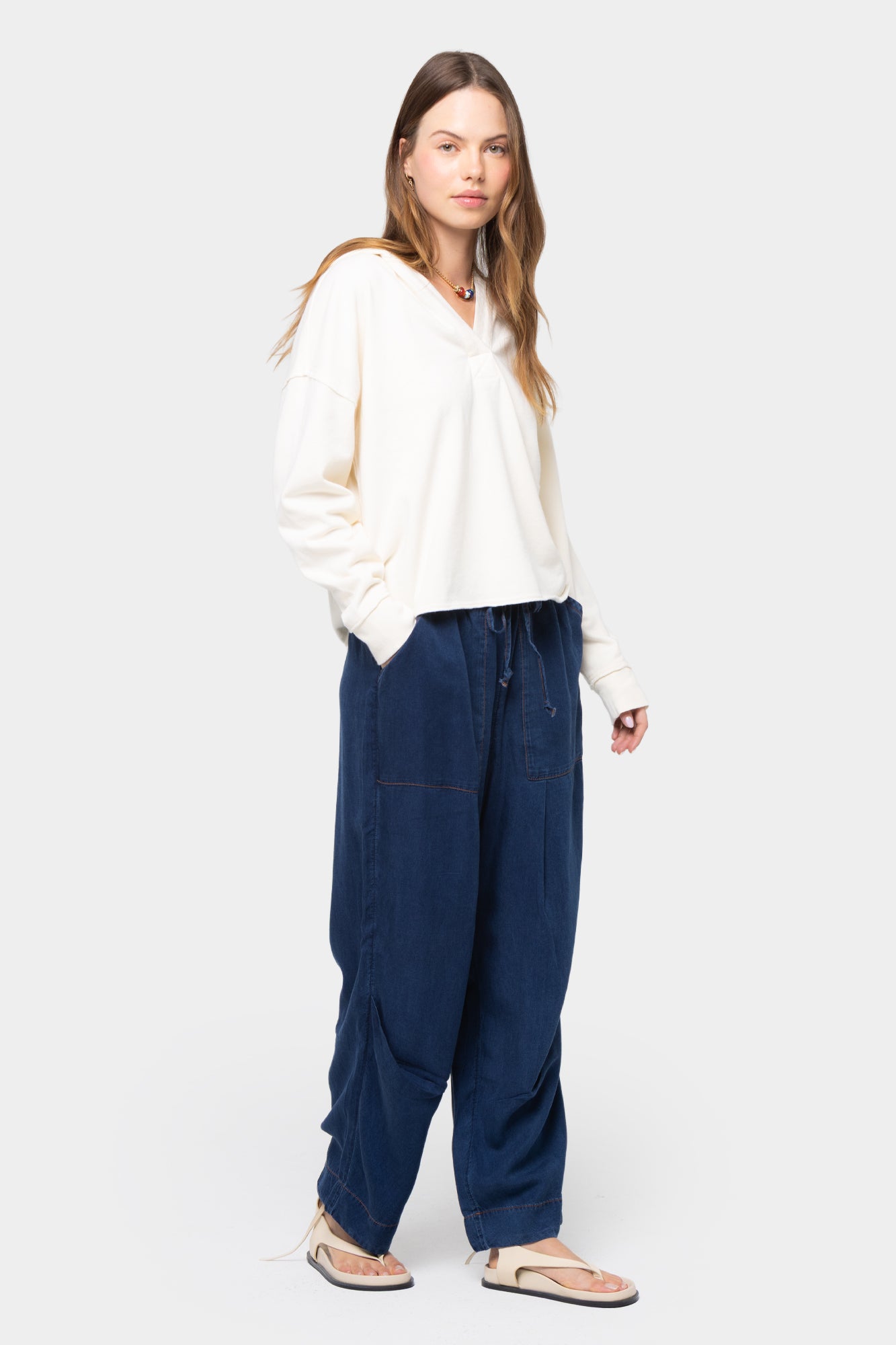 Pull On Ankle Length Pleated Denim Pants