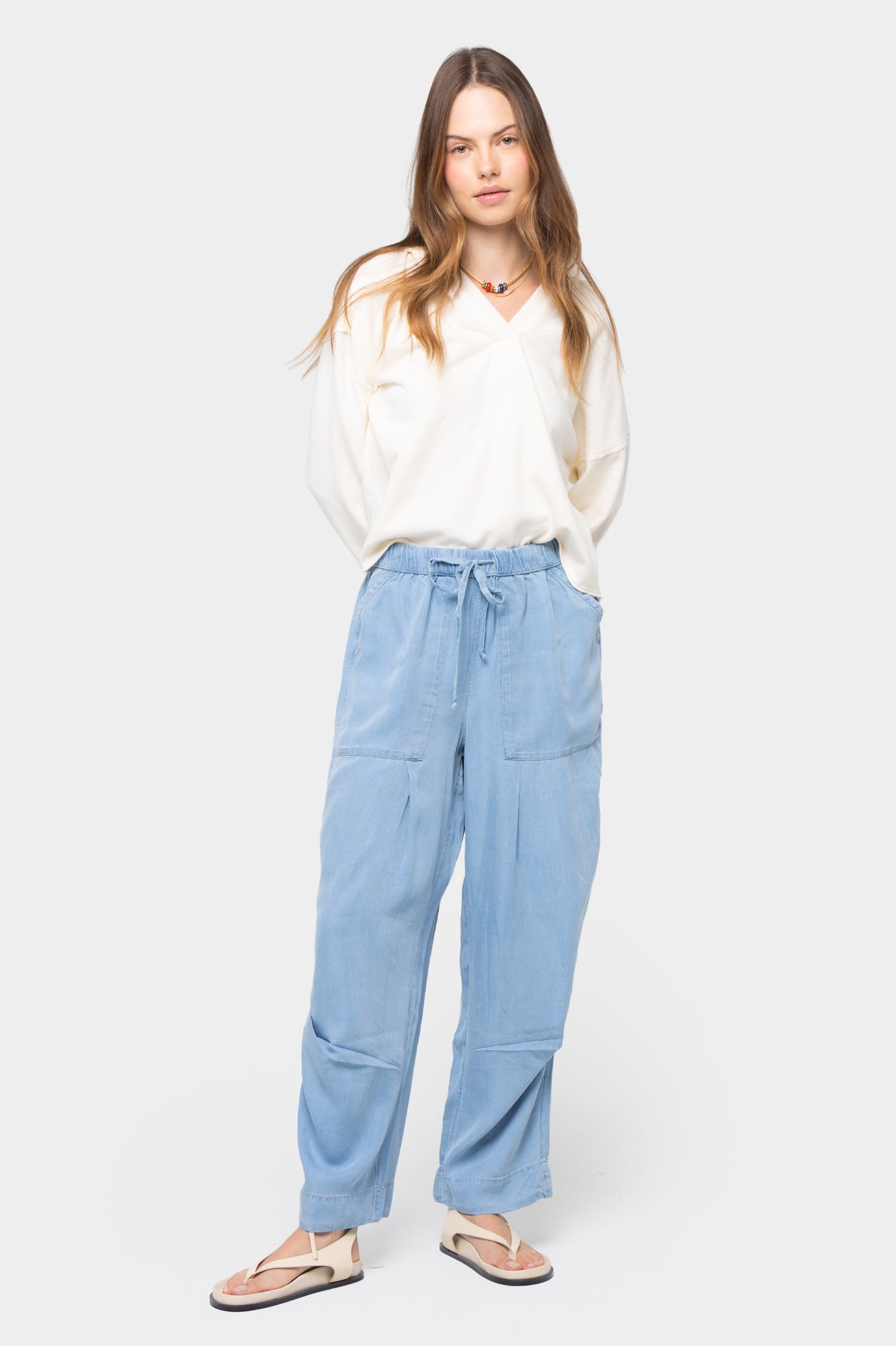 Pull On Ankle Length Pleated Denim Pants