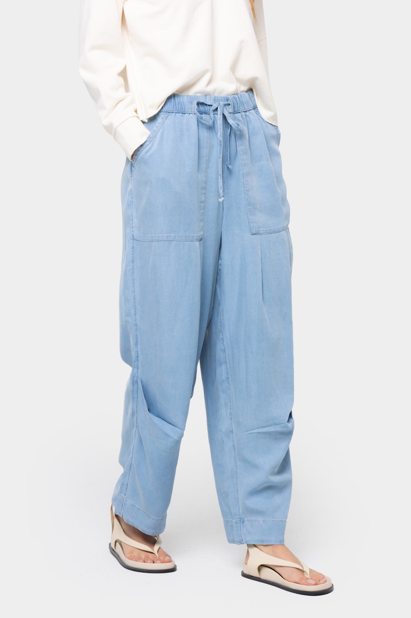 Pull On Ankle Length Pleated Denim Pants
