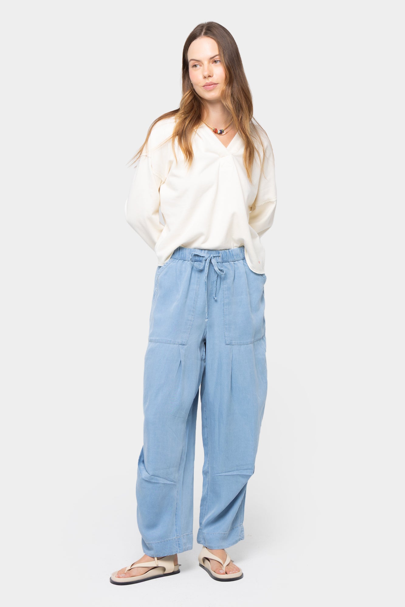 Pull On Ankle Length Pleated Denim Pants