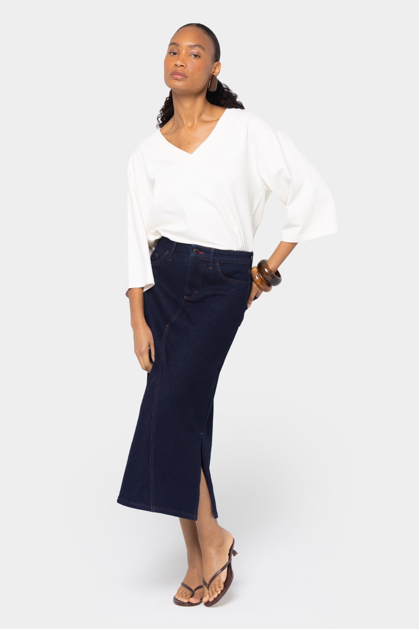 Midi Length Denim Skirt with Side Slit